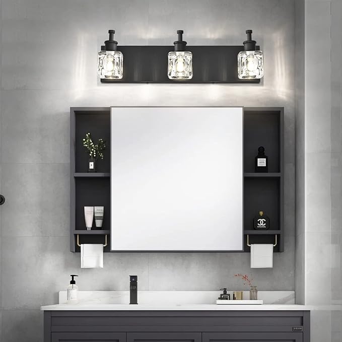 PRESDE Black Crystal Bathroom Lights Fixtures Over Mirror Modern 3 Light Vanity Lighting Bathroom Wall Light Fixtures
