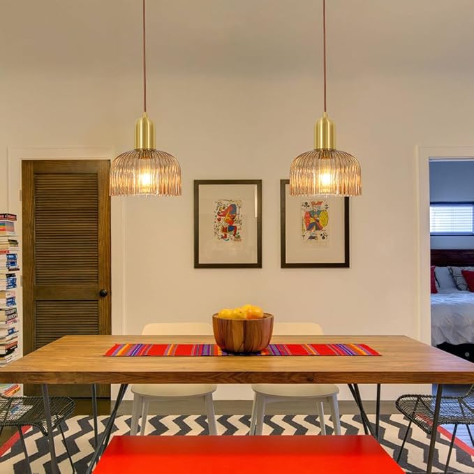 Vintage Pendant Light, Gold Pendant Lights Kitchen Island, Brass Ribbed Pendant Light with Amber Glass Shade, Mid Century Ceiling Lamp, Adjustable Hanging Light for Kitchen Island Dining Room Hallway