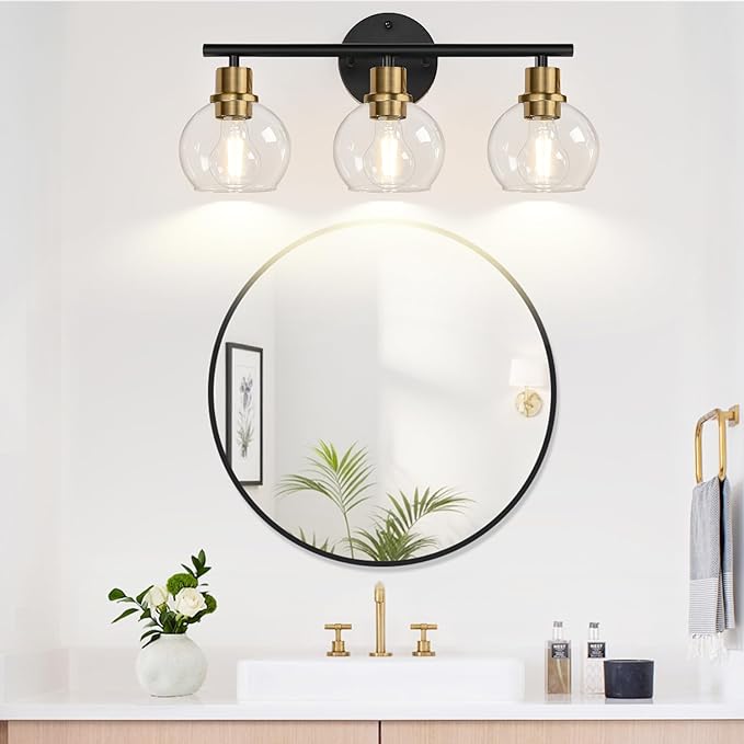 Indoi 3-Light Bathroom Light Fixtures, Black and Gold Bathroom Lights Over Mirror with Clear Glass Globe Shade, Vanity Lights for Bathroom Kitchen Living Room Hallway Cabinet Bedroom Porch