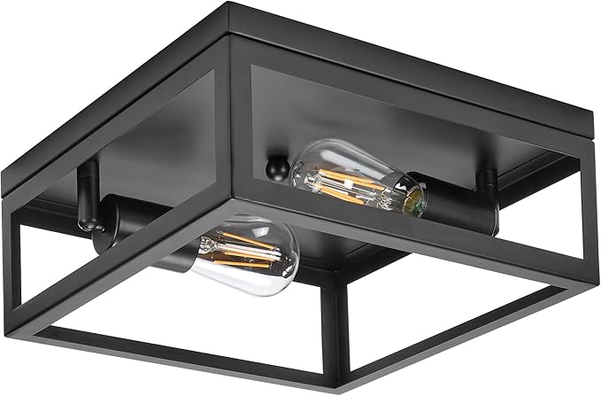 Maxxima Indoor/Outdoor Flush Mount Ceiling Light Fixture, 2-Light Square Farmhouse Close to Ceiling Entryway Light, Black, Bulbs Not Included
