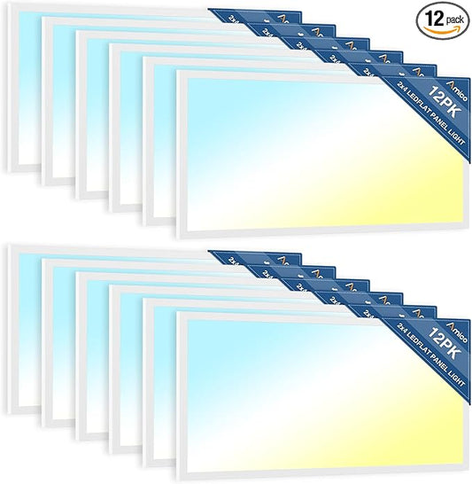 Amico 12 Pack 2x4 LED Flat Panel Light Fixture, 6250 LM, 4000K/5000K/6500K, 30W/40W/50W, Dimmable 0-10V, LED Drop Ceiling Lights for Office Commercial Use, Dustproof ETL Listed, FCC, DLC