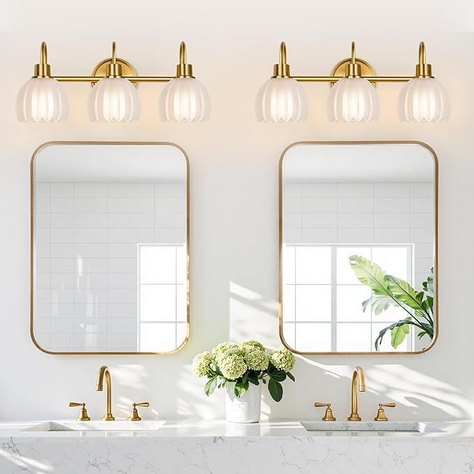 3-Light Bathroom Vanity Light, 20" Brushed Gold Bathroom Light Fixtures with Ribbed Frosted Clear Tulip Glass Shade, Vanity Lighting Fixtures Over Mirror for Bedroom Living Room Hallway