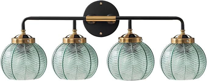 4-Lights Bathroom Light fixtures Glass Vanity Light Green Bathroom Sconce Mid Century Modern Wall Lamp,Black Gold Art Deco Vanity Light for Over Mirror Bedroom Hallway Dining Room