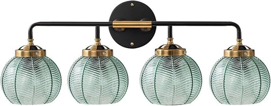 4-Lights Bathroom Light fixtures Glass Vanity Light Green Bathroom Sconce Mid Century Modern Wall Lamp,Black Gold Art Deco Vanity Light for Over Mirror Bedroom Hallway Dining Room