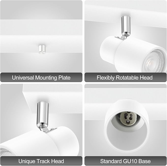 Plug in Track Lighting, 23" LED Track Light Fixtures Ceiling, White 4 Way Spotlight, Rotatable Light Head, Plug in Ceiling Light with Power Cord, Plug Wall Light for Kitchen Hallway Bar(GU10, NO Bulb)