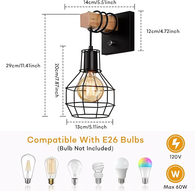 Black Wall Sconces with Dimmer ON/Off Switch, Cage Wall Mount Light Fixture Industrial Farmhouse Lighting for Living Room Kitchen, C71Y215