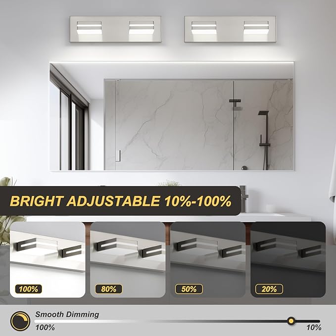 OKELI 2 Light Bathroom Vanity Light Brushed Nickel Modern 16W LED Dimmable Vanity Light Over Mirror 350° Adjustable Lamp Head Cold White 6000K ETL Listed 15.5Inch