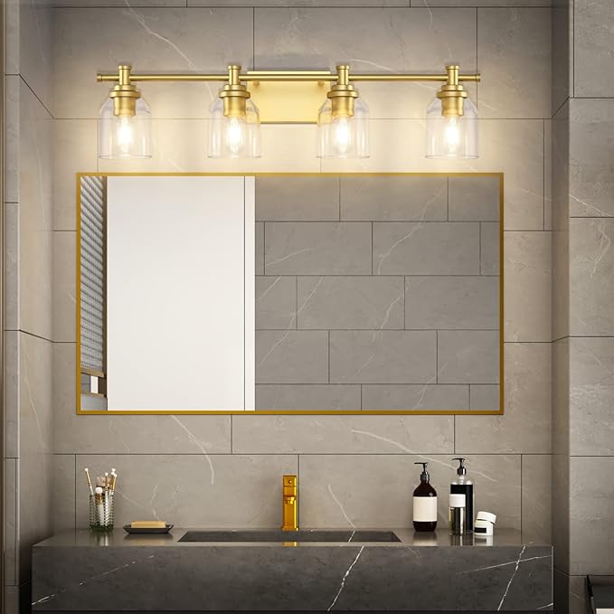 SOLFART Bathroom Lighting Fixtures Over Mirror Wall Sconce Gold Vanity Light Fixtures 4 Lights Bathroom Light