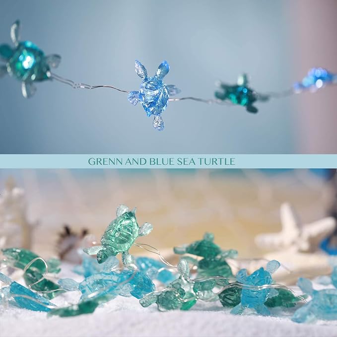 MIYA LIFE Blue Sea Turtle String Lights Battery Powered Summer Beach Decor with Remote Acrylic Sea Turtle Decor for Bathroom Shower Curtain