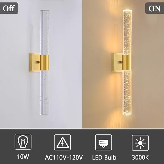Brushed LED Wall Sconces LED Warm Light Interior Glam Crystal Wall Light Hardwired Gold