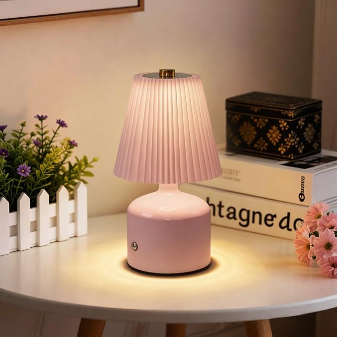 Small Cordless Table Lamp, Touch Lamps for Nightstand 3 Color Stepless Dimming, Metal Base Pleated Rechargeable Lamp for Bedside, Bedroom, Dining Room, Living Room (Pink)