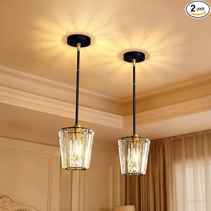 Crystal Pendant Lights Kitchen Island 2 Pack, Modern Black Gold Pendant Light Fixtures Mini Adjustable Chandeliers for Kitchen Island Dinning Room Bedroom Hallway with E26 Base (Bulbs Not Included)
