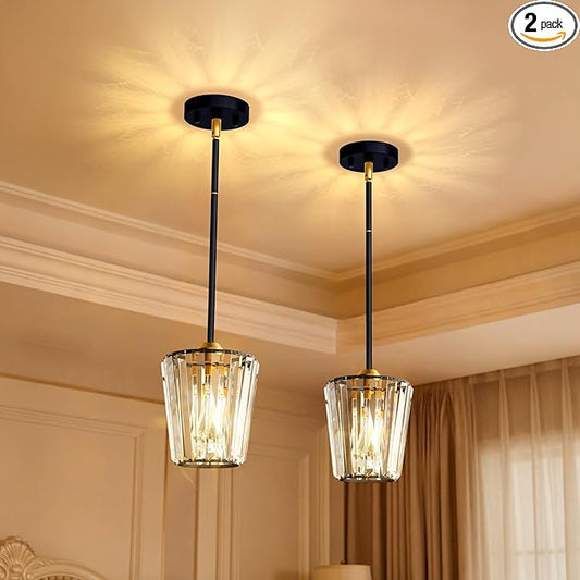 Crystal Pendant Lights Kitchen Island 2 Pack, Modern Black Gold Pendant Light Fixtures Mini Adjustable Chandeliers for Kitchen Island Dinning Room Bedroom Hallway with E26 Base (Bulbs Not Included)