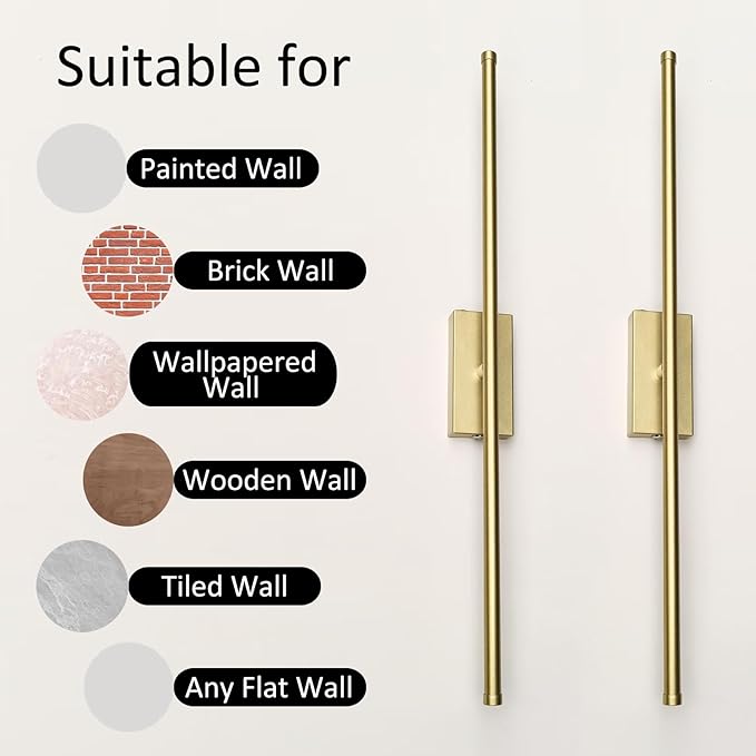 Set of 2 Battery Powered Linear Tube Rechargeable Gold Wall Sconce, Modern Decor Peel and Stick on Cordless Wall Sconces Picture Vanity Light for Living Dinning Room, Bathroom (2 Pack, 28.3'', Gold)
