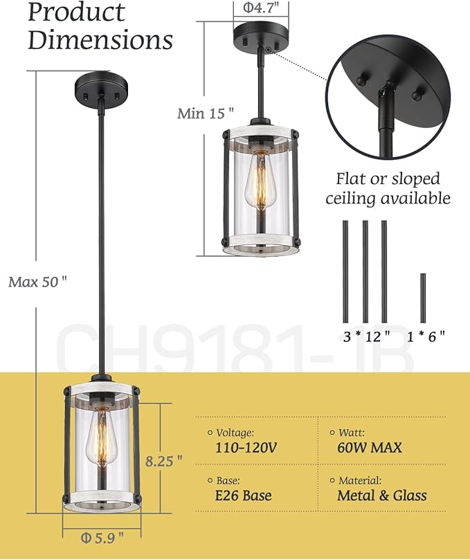 Farmhouse Pendant Light Fixtures, 1-Light Rustic Oak White Pendant Light Fixtures, Mini Glass Hanging Lighting with Rod for Kitchen Island Bar Bedroom, Adjustable Length, OS-3015