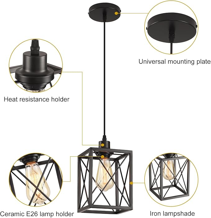 Farmhouse Pendant Light Fixture, Black Pendant Lights for Kitchen Island Industrial Lantern Pendant Light Fixtures with Light Shade, Adjustable Height Hanging Pendant Lighting