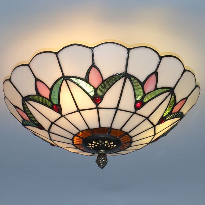 Tiffany Style Ceiling Light Vintage Stained Glass Flush Mount Ceiling Lighting Fixtures Lamps (12 Inch W)