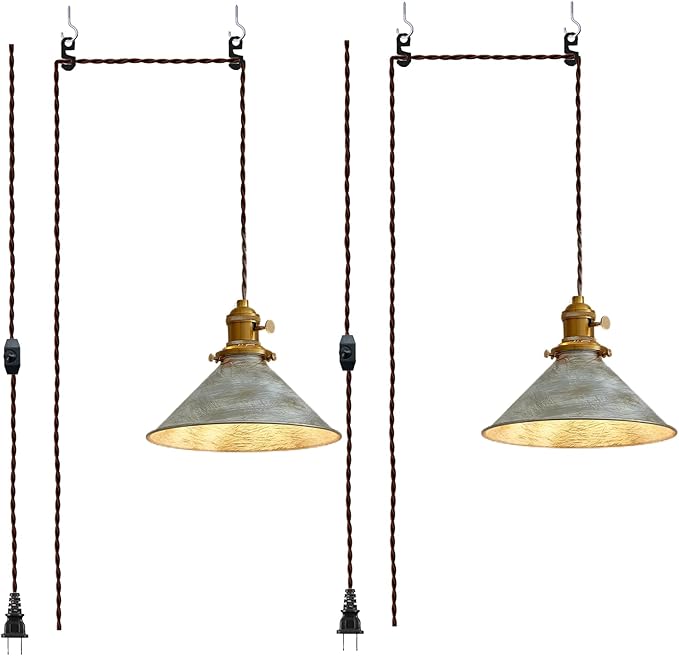 Plug in Pendant Light, 8.2 Inch Silver Pendant Light Fixtures On/Off Switch, Adjustable 14Ft Light Cord Hanging Pendant Light for Kitchen Bedroom Restaurant 2 Pack