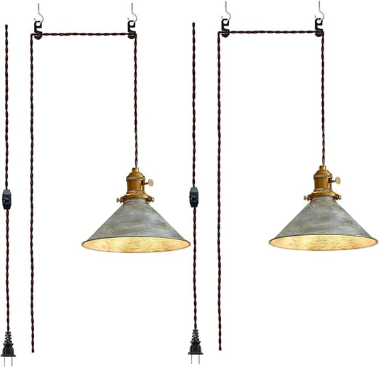 Plug in Pendant Light, 8.2 Inch Silver Pendant Light Fixtures On/Off Switch, Adjustable 14Ft Light Cord Hanging Pendant Light for Kitchen Bedroom Restaurant 2 Pack