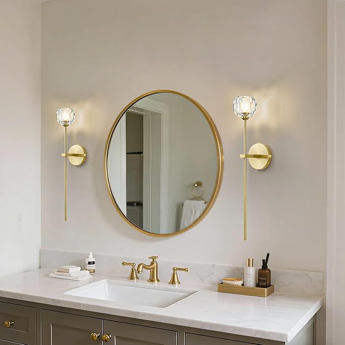 Gold Crystal Wall Sconces with G9 Bulbs, Mid Century Modern Diamond Decor Light Brass Vintage Long Lighting Fixture Hardwired for Elegant Vanity Living Room Bedroom Bathroom Hallway