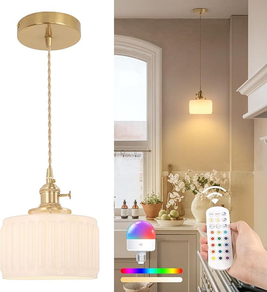 Shenmoyl Battery Operated Pendant Light 5000mAh Rechargeable Chandelier with Remote Control Wireless Adjustable Hanging White Striped Light for Kitchen Island Dining Room Hallway