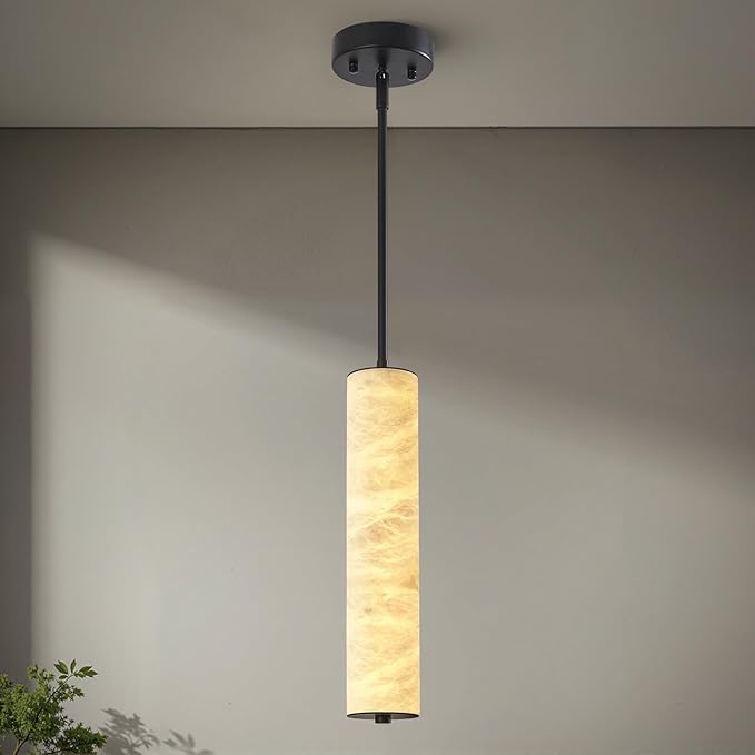 LMQNINE Natural Alabaster Pendant Lights White Marble 15" Long Tube Adjustable Boom Chandelier Modern 3000K Black Ceiling Light for Kitchen Island Bedroom Dining Room Living Room Hallway(S-1Pack)