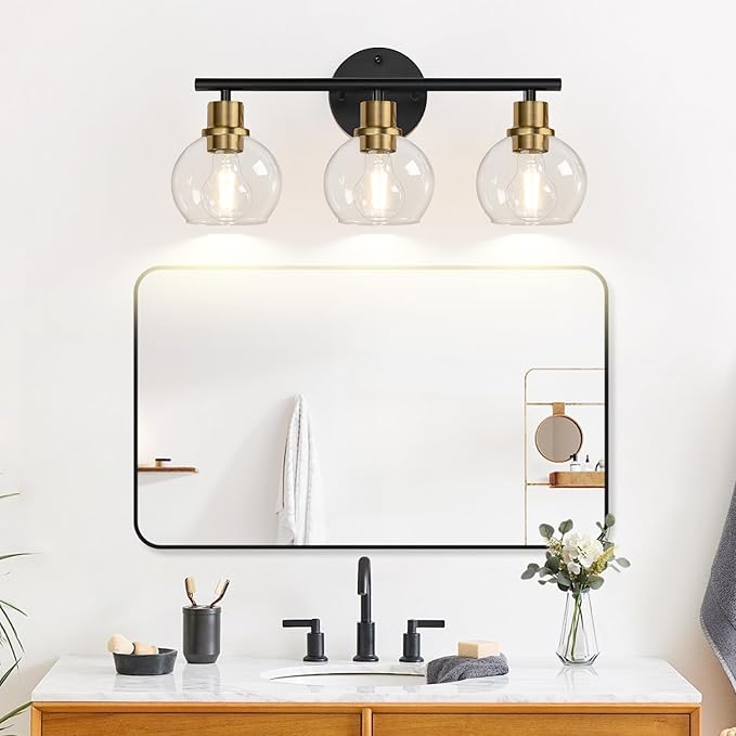 Indoi 3-Light Bathroom Light Fixtures, Black and Gold Bathroom Lights Over Mirror with Clear Glass Globe Shade, Vanity Lights for Bathroom Kitchen Living Room Hallway Cabinet Bedroom Porch