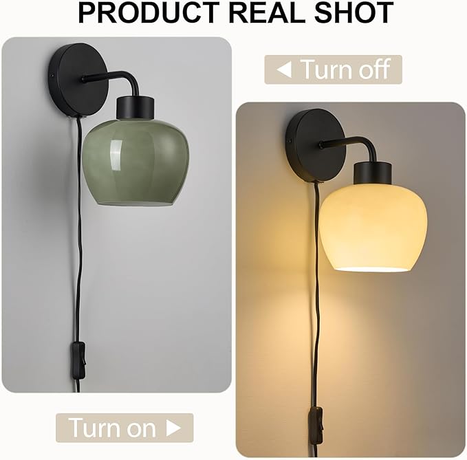 Modern Wall Sconces - Olive Green Milk Glass Plug-in Wall Lamp with Matte Black Finish, Industrial Boho Lighting for Bedroom, Living Room