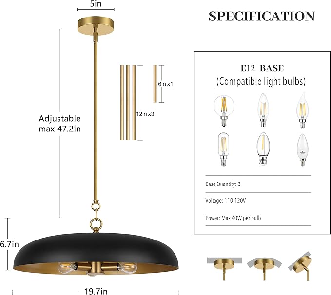 19.7 Inch Extra Large Pendant Light, 3-Light Black and Gold All Metal Pendant Lighting Fixture, Oversized Modern Dome Chandelier Ceiling Hanging for Kitchen Island Dining Room Living Entryway