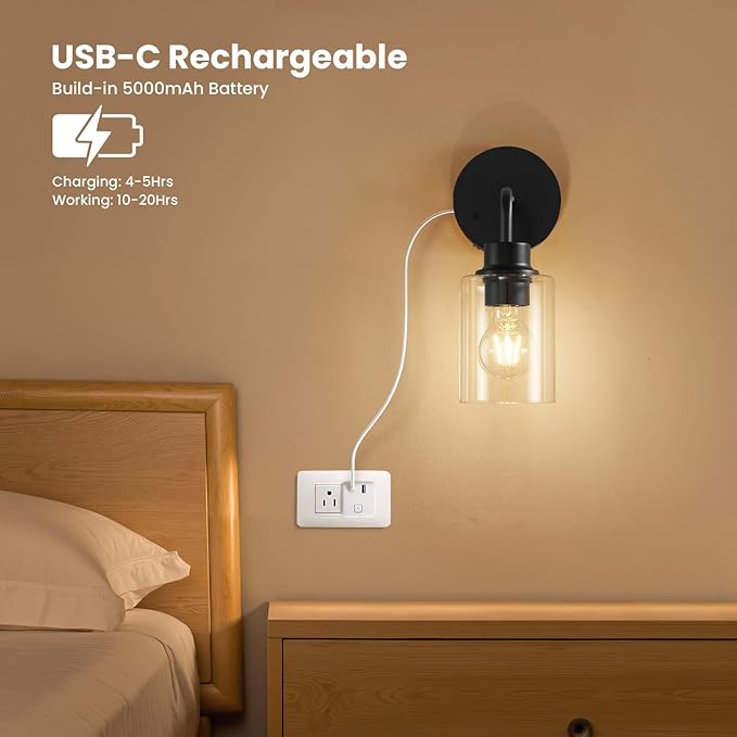 Epinl Battery Operated Wall Sconce Set of 2, Wireless Dimmable & Rechargeable Wall Lights with Timer Remote, 5000mAh Cordless Sconces for Bedroom Living Room Hallway Corridor, Black