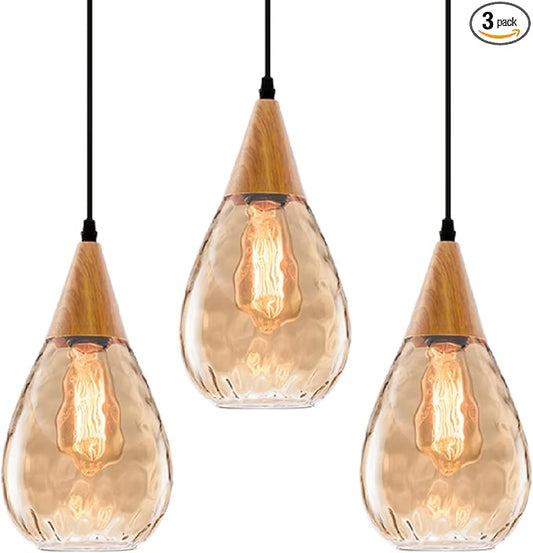 GLADFRESIT 3 Packs Pendant Light with Teardrop Glass Adjustable Nylon Core Contemporary Medium-Ceiling Lights for Kitchen Island Coffee Table Work Area Dining Room(Bulb Not Included)