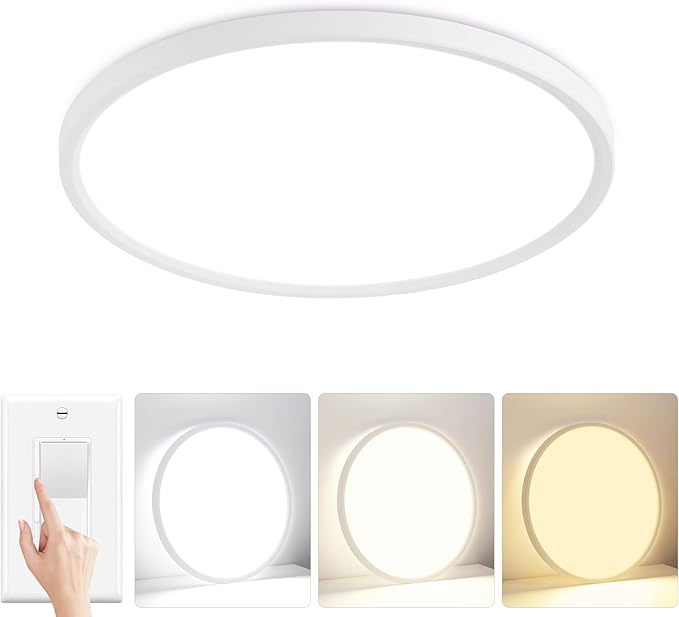 12 inch Flush Mount Led Ceiling Light Fixture, 24W 2400LM, Dimmable 3000K 4000K 6500K Adjustable, Modern White Lighting Fixtures for Bedroom, Kitchen, Home Office, Hallway, Wired