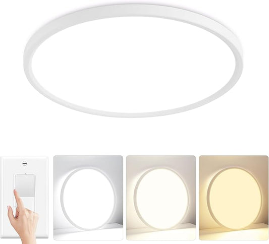 12 inch Flush Mount Led Ceiling Light Fixture, 24W 2400LM, Dimmable 3000K 4000K 6500K Adjustable, Modern White Lighting Fixtures for Bedroom, Kitchen, Home Office, Hallway, Wired