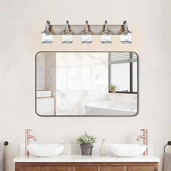 Bathroom Vanity Light 5-Light Wall Sconce Lighting Modern Wall Light with Clear Glass Shade Modern Brushed Nickel Wall Lamp Mounted Lights Over Mirror for Living Room, Bedroom, Hallway