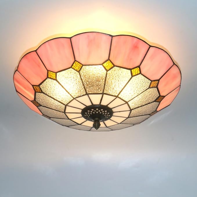 Tiffany Style Ceiling Light 16 Inch 3-Lights Vintage Pendent Stained Glass Flush Mount Ceiling Light Chandelier Lighting Fixtures for Bedroom Dining Room Living Room (Pink 16 Inch)