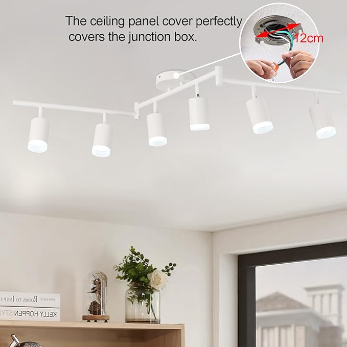 Plug in Track Lighting Kit, 120cm LED 6 Light Kitchen Track Lighting Corded Wall Light with 16.4ft Cord 6 Way Ceiling Spot Lighting Flexibly Rotatable Head Includes 6xGU10 Bulb (6 White-Acrylic-120cm)