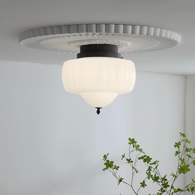 LIGHTLAND Milk Glass Ceiling Light, 13.8 Inch Mid Century Semi Flush Mount Ceiling Light Fixture, Vintage Chandelier for Bedroom, Living Room, Dining Room, Hallway (Style A, White)