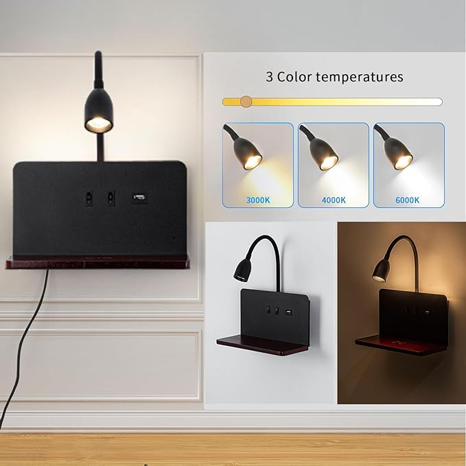 Bedside Wall Sconces with Wireless Charging Station & USB Charging, 3 Adjustable Color Temperatures LED Reading Light, 3000K Warm Ambient lighting Wall Mounted Sconce for Bedroom, Plug-in or Hardwired