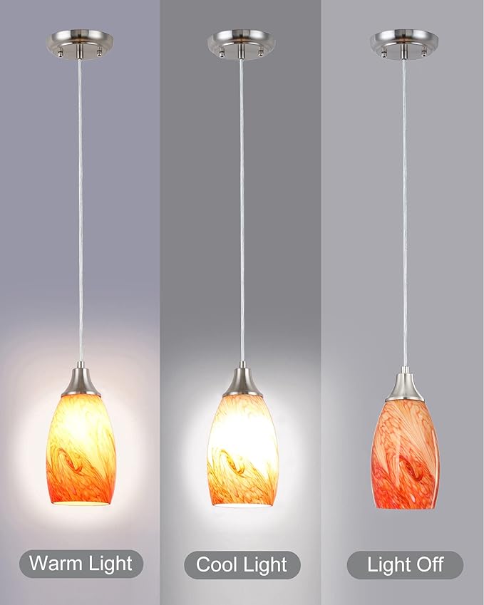 karyfine Art Glass Mini Pendant Lights Kitchen Island Marble Glass Pendant Light Shade with Brushed Nickel Finish Ceiling Hanging Lights for Kitchen Over Sink,Dining/Living Room Red Marble-1Pack