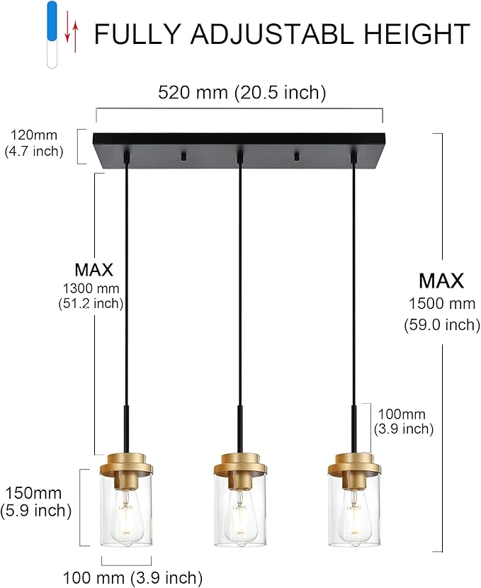 MELUCEE 20.5 Inches Dining Room Light Fixture Hanging 3-Lights Kitchen Pendant Light Fixture Over Island Black Ceiling Hanging Lamp with Clear Glass Shade, Gold Socket