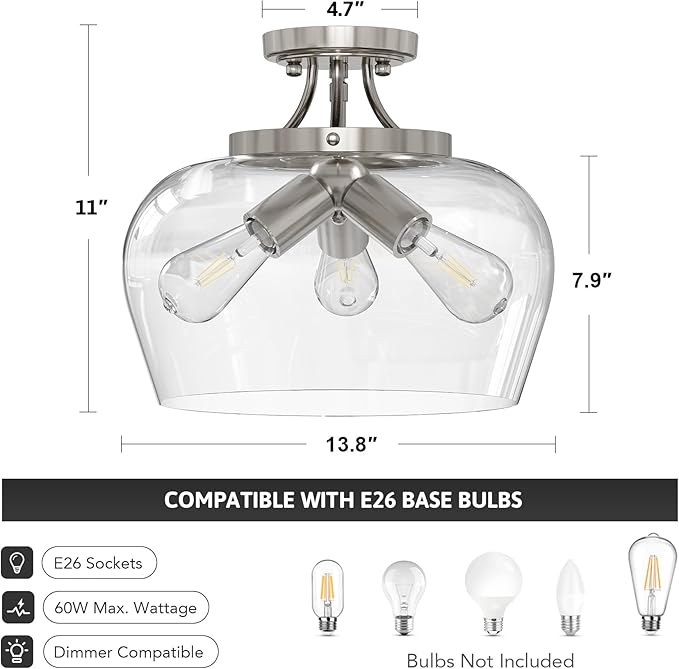 VONLUCE Semi Flush Mount Ceiling Light, 13.8" Ceiling Light Fixture with Clear Glass Shade, E26 Base, 3-Bulb Industrial Lighting Fixture for Hallway Entryway Bedroom, Brushed Nickel, ETL Certificated