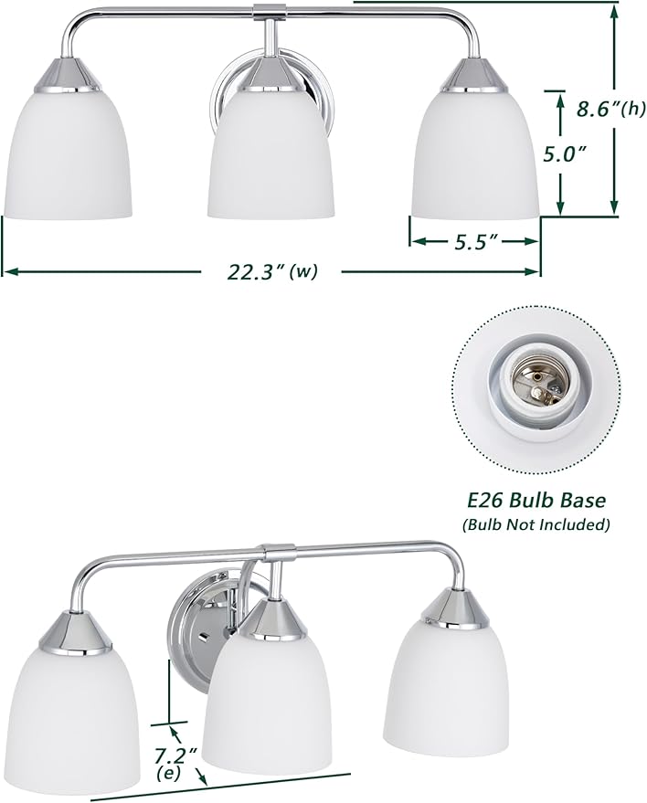 Chrome 3-Light Traditional Bathroom Vanity Light Fixtures Over Mirror, Modern Vanity Lights for Living Room, Standard E26 Base, Chrome