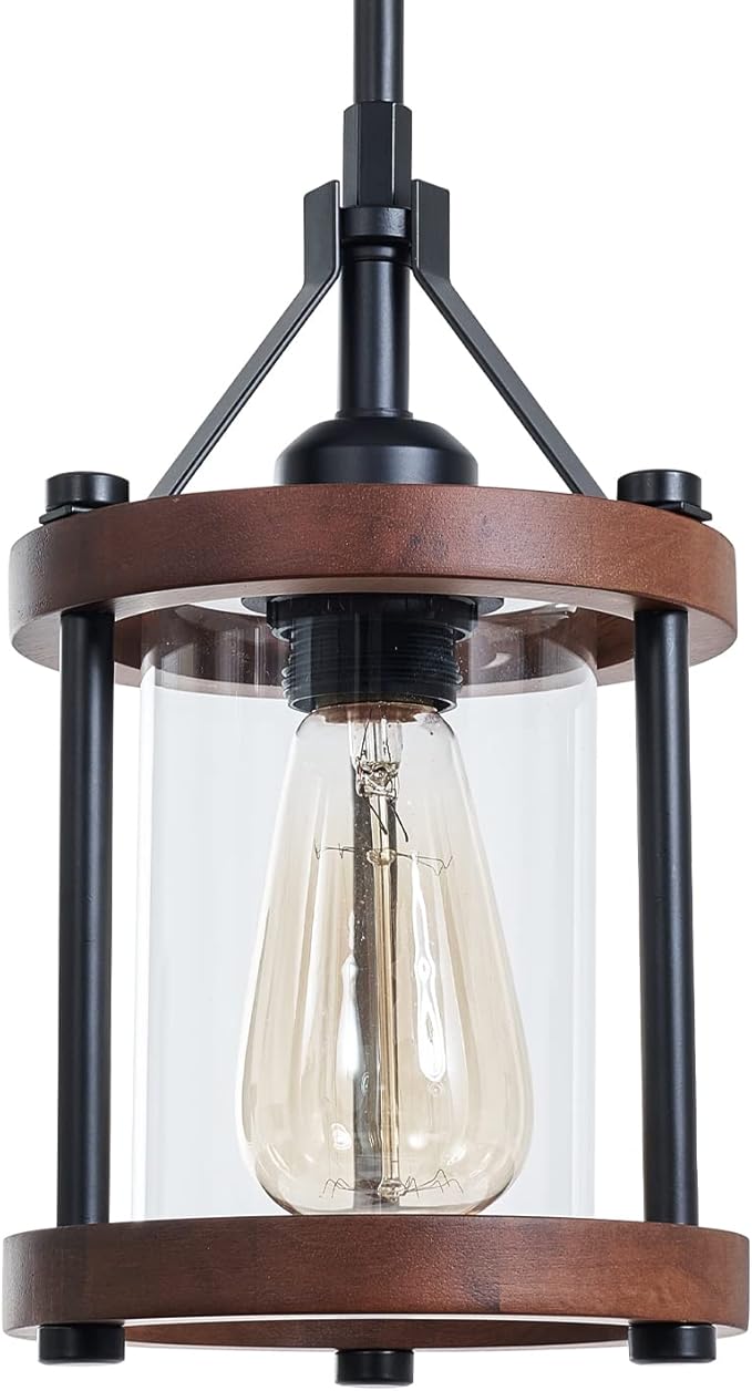 Farmhouse Pendant Light in Wood and Metal Cage, Rustic Brown Wood Pendant Light with Glass, Adjustable Hanging Light Fixtures, Mini Pendant Lighting for Kitchen Island, Hallway, Foyer, 1 Pack
