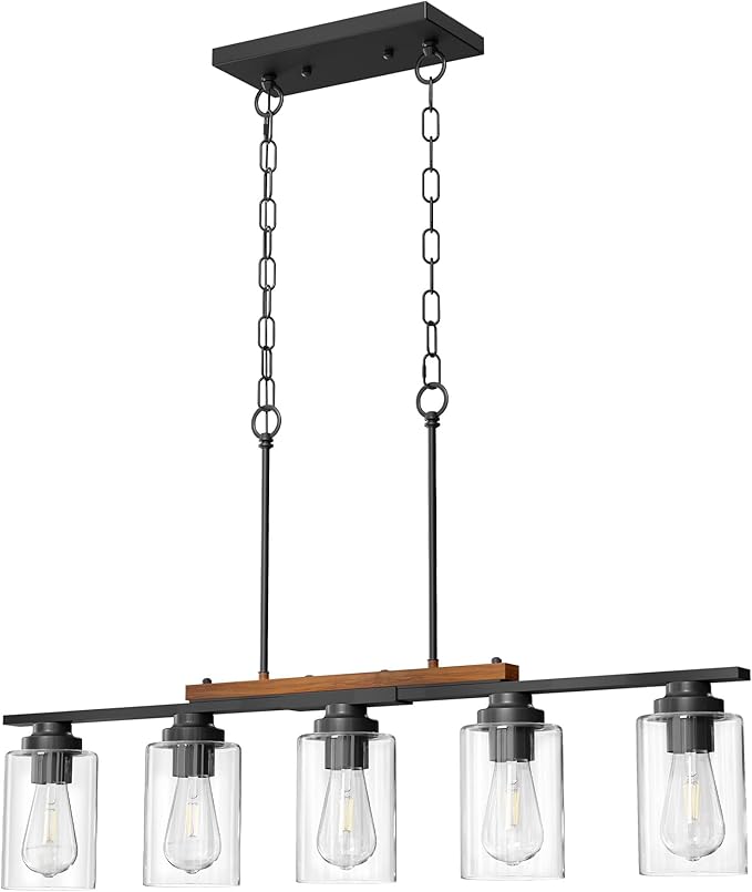 VONLUCE Dining Room Light Fixture Over Table, 5-Light Kitchen Island Lighting with Glass Shade and Adjustable Rods, Farmhouse Linear Chandelier Pendant Light for Kitchen Living Room, Matte Black