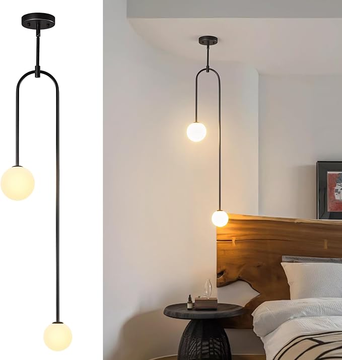 Modern Milk Glass Pendant Light 2 Light Mid Century Chandelier Small Glass Globe Black Pendant Lights for Kitchen Island Bedroom Dining (1 Pack)