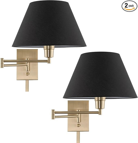 Kira Home Cambridge 15" Set of 2 Modern Swing Arm Gold Wall Sconce with Black Empire Fabric Shade, 2-in-1 Plug in or Hardwired Gold Wall Lamp with 3-Way Switch, Cool Brass Finish