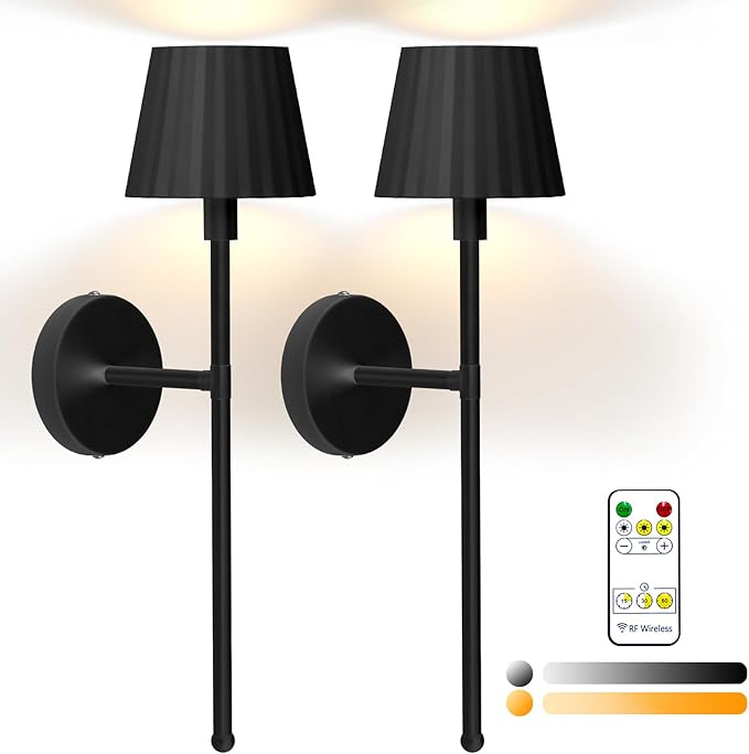 Battery Operated Wall Sconce Set of Two, Rechargeable Wireless Sconces with Dimmable Detachable Magnetic Bulbs and Remote, 3 Colors Wall Lights for Bedroom Living Room Hallway Fireplace