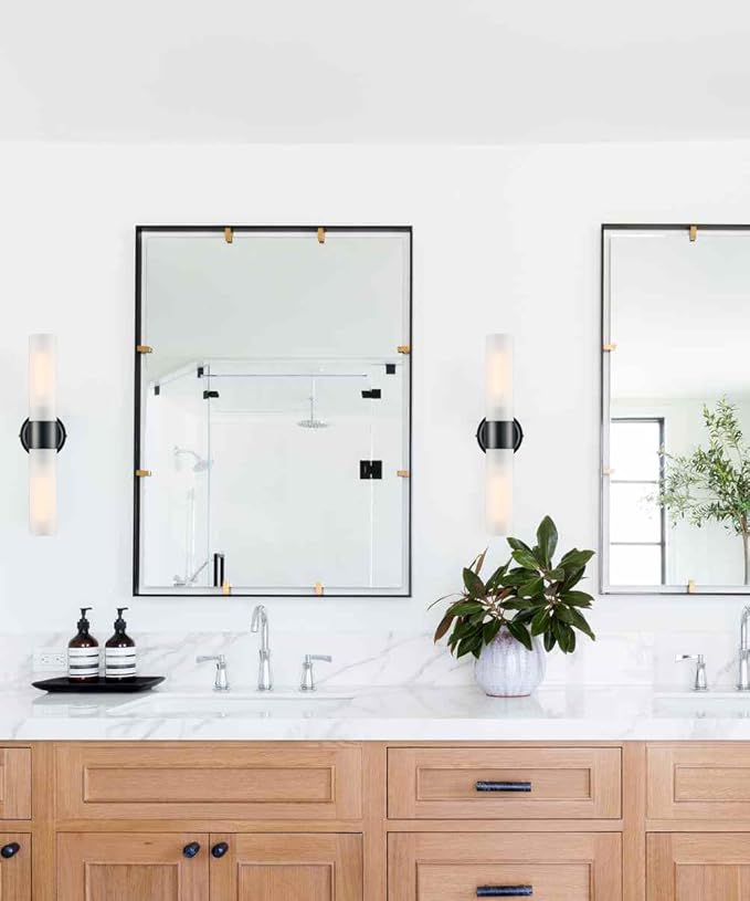DAYCENT Modern Black Bathroom Vanity Lights Farmhouse 2-Light Frosted Glass Wall Sconce Matte Black Cylinder Sconces Wall Lighting for Bedroom Hallway Living Room, 20" H