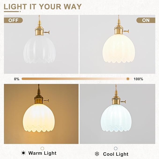 Plug in Pendant Light Fixtures, Hanging Light Fixture Vintage Glass Pendant Light, Mini Milk White Tulip Hanging Lamp, Pendant Lighting for Kitchen Island, Bedroom, Dining Room, Living Room