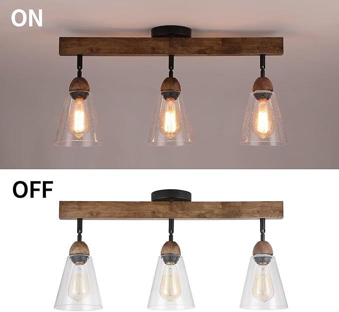 3-Light Large Rustic Farmhouse Wood Flush Mount Ceiling Light Fixture Clear Seeded Glass Shade and Oak Wood Track Semi Flush Mount Ceiling Light for Kitchen Living Room Bedroom Indoor, Black